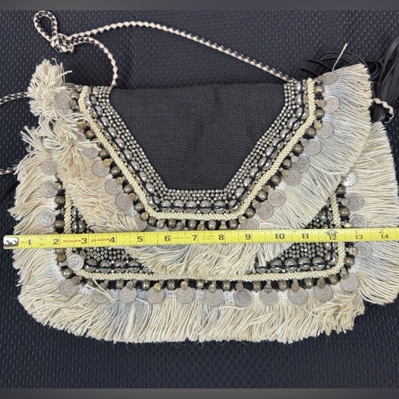 Boho Fringe Coin Crossbody Bag - Black & Cream - Picture 6 of 7